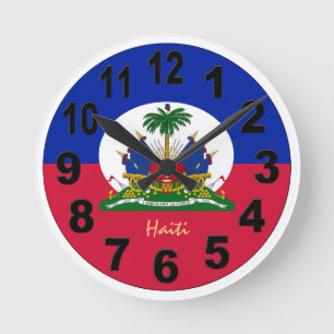 Haitian Flag & Haiti Clock, large Numbers / emblem Round Clock