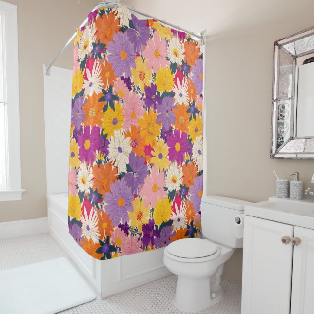 Haiverty Crowded Blooms Modern Floral Shower Curtain (In Situ)