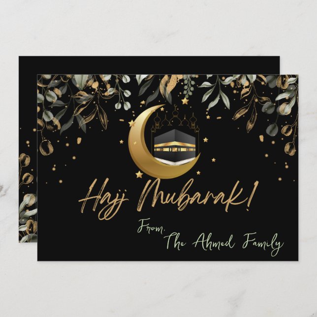 Hajj Mubarak with Black with gold & green leaves  Card (Front/Back)