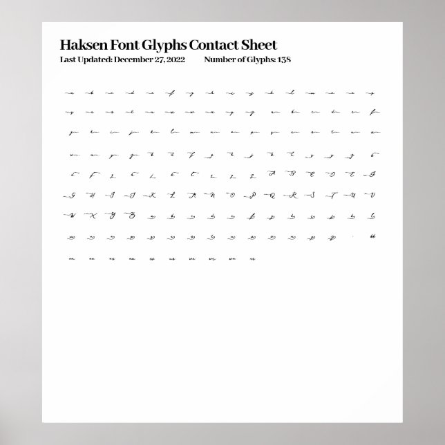 Haksen Font Glyphs Contact Sheet Poster (Front)