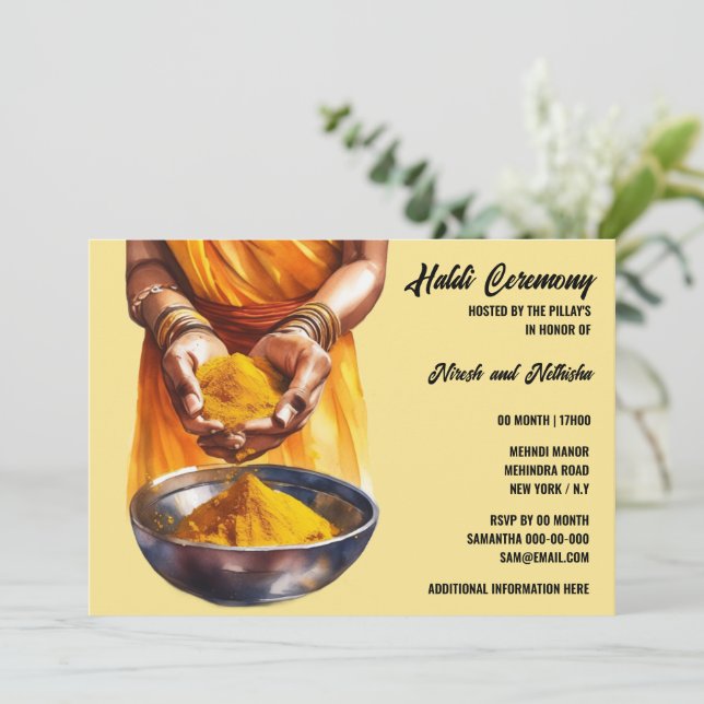 Haldi indian pre wedding ceremony turmeric paste  invitation (Standing Front)