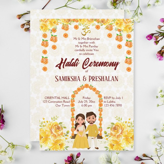 Haldi Indian pre wedding cute Hindu couple yellow  Invitation (Creator Uploaded)