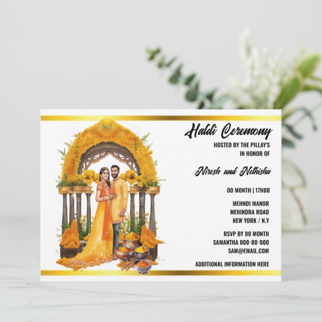 Haldi indian watercolor ceremony turmeric floral invitation (Standing Front)