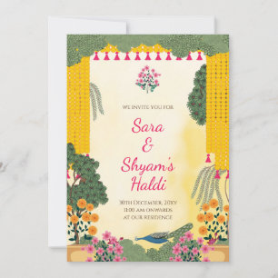 Haldi Invitation Peacock Marigold Floral Garden