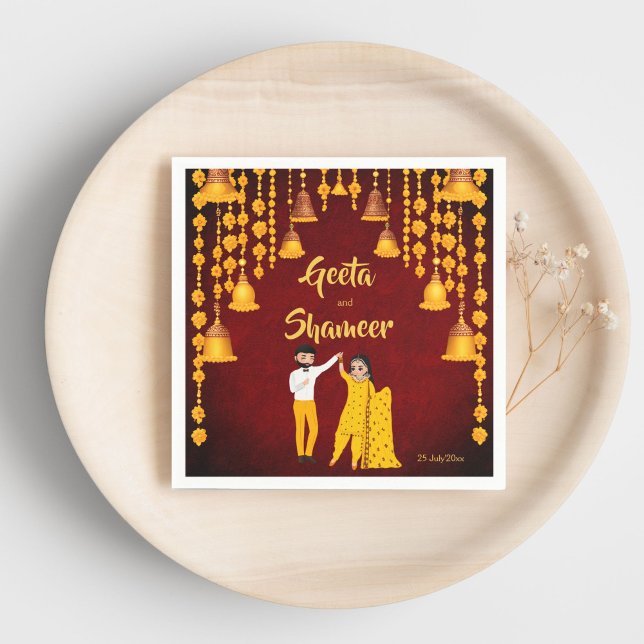 Haldi Mehndi Sangeet Indian wedding maroon yellow Napkin (Haldi Mehndi Sangeet Indian wedding maroon and yellow template Napkins personalized tableware decor)