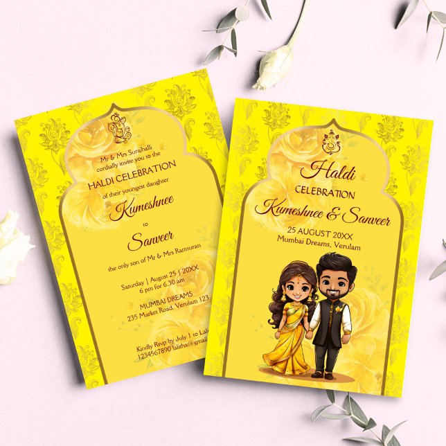 Haldi Sanget cute Indian bridal couple cartoon Invitation (Haldi Mehndi Sanget Indian wedding cute Indian bridal couple cartoon Invitation template digital)
