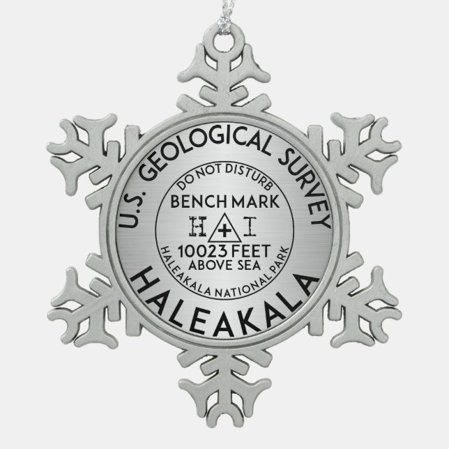 Haleakala National Park Benchmark Bench Mark USGS Snowflake Pewter Christmas Ornament (Front)
