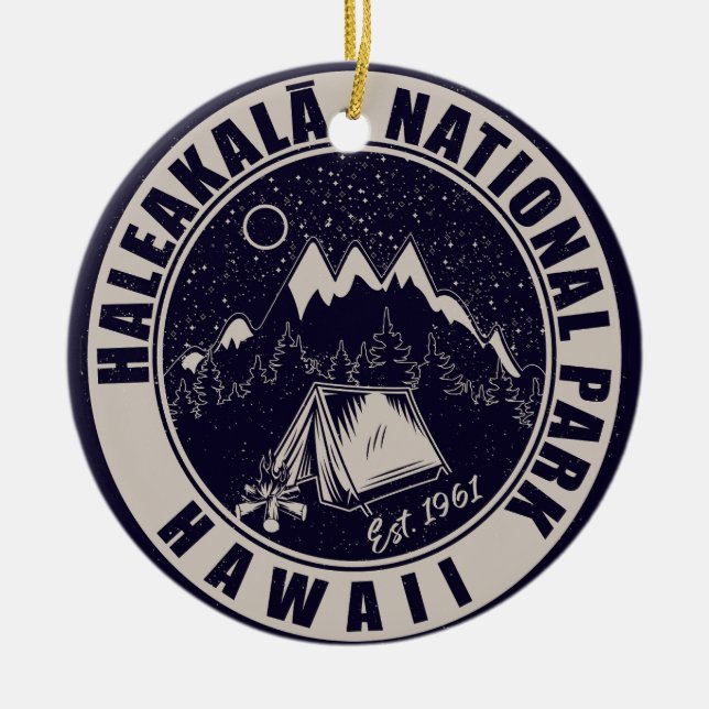 Haleakalā National Park Hawaii Retro Emblem Ceramic Tree Decoration (Front)