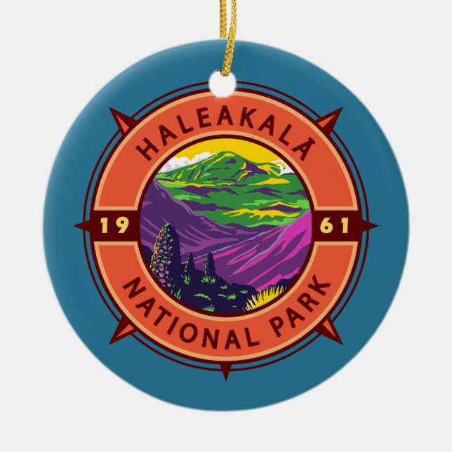 Haleakala National Park Retro Compass Emblem Ceramic Tree Decoration (Front)