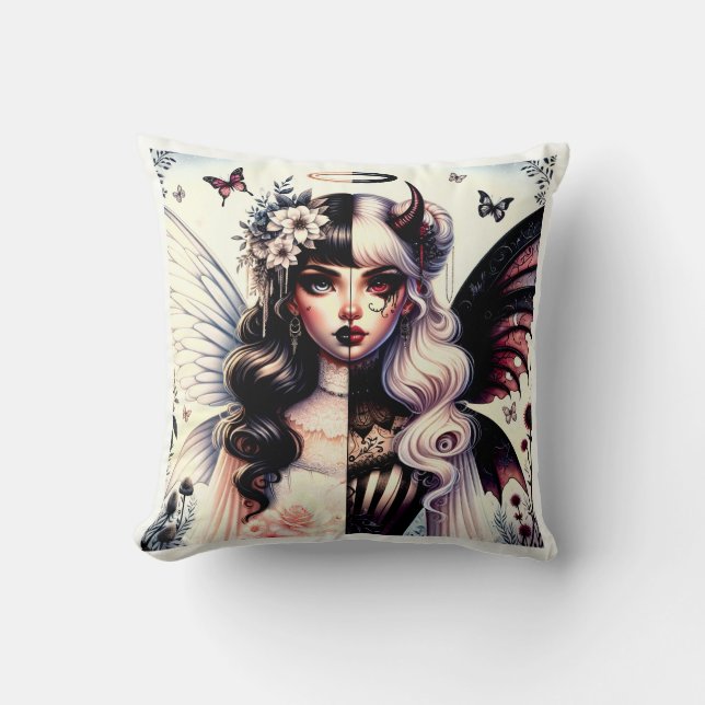Half Angel Devil Dark Beauty Broken Wing Fairy  Cushion (Front)