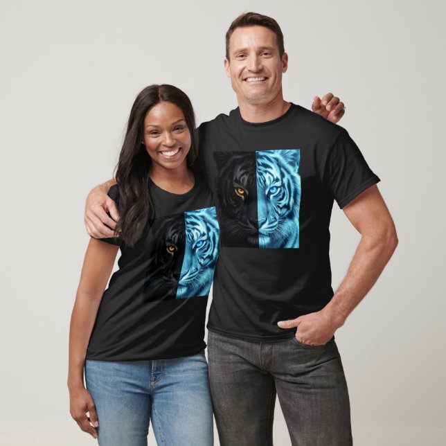 Half Black Half Blue Fire Tiger Face Digital Art T-Shirt (Unisex)