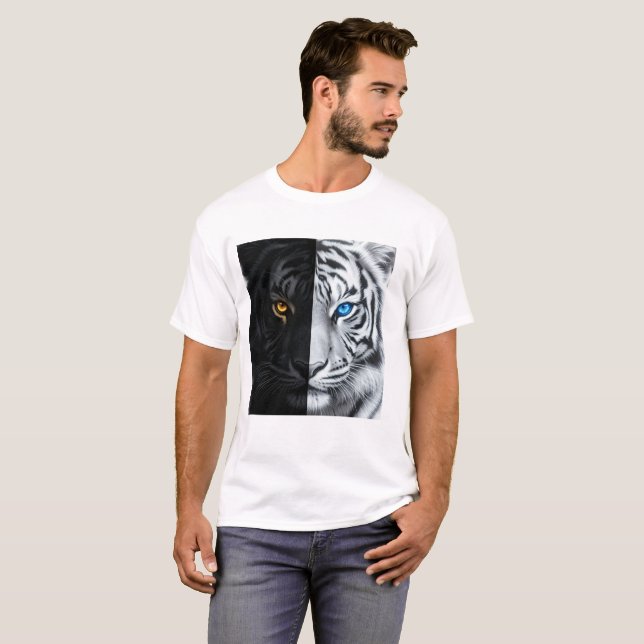 Half Black Half white Fire Tiger Face Digital Art T-Shirt (Front Full)