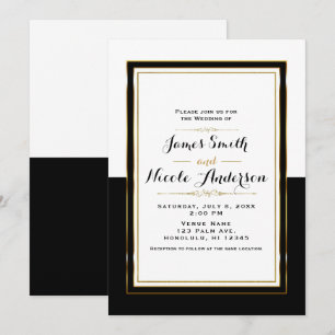 Half Black White & Gold Chic Elegant Wedding Invitation