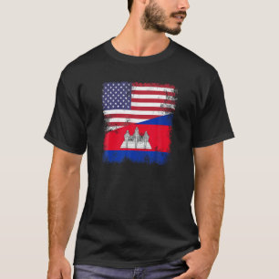 Half Cambodian Flag T Shirt Vintage Cambodia USA G