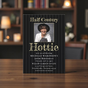 Half-Century Hottie Black Pinstripe Photo Invitation