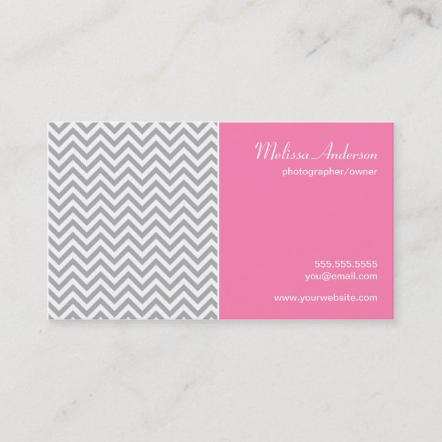 Half Chevron Pattern Grey and Pink Business Card (Front)