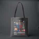 Half Christmas Half Hanukkah Christmukkah Funny  Tote Bag<br><div class="desc">Christmas Hanukkah mashup,  menorah Christmas,  interfaith holiday humour,  Chrismukkah,  funny Jewish Christmas,  holiday crossover,  Jewish humour,  festive dual holiday,  Christmas 2025,  Hanukkah 2025</div>