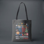 Half Christmas Half Hanukkah Christmukkah Funny  Tote Bag<br><div class="desc">Christmas Hanukkah mashup,  menorah Christmas,  interfaith holiday humour,  Chrismukkah,  funny Jewish Christmas,  holiday crossover,  Jewish humour,  festive dual holiday,  Christmas 2025,  Hanukkah 2025</div>