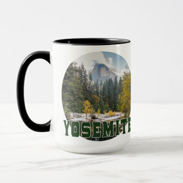 Half Dome in Autumn, with "Yosemite" text Mug (Left)