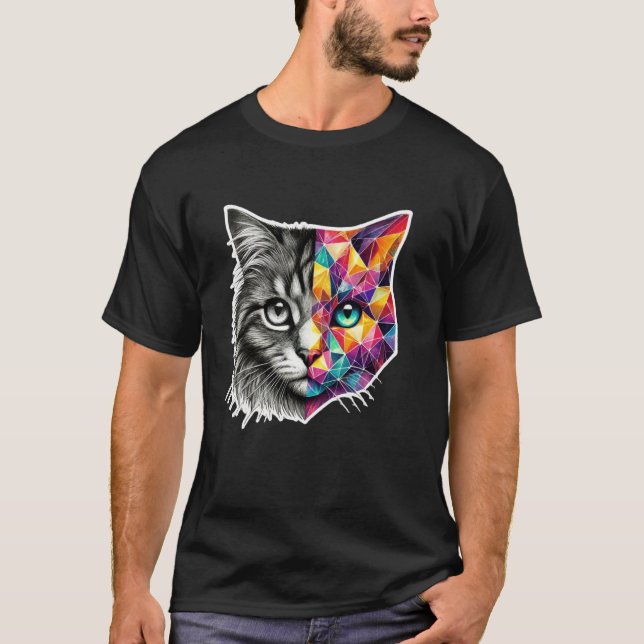 Half Face Abstract Kitten Cute Geometry Polygon Ca T-Shirt (Front)
