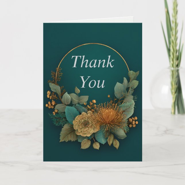 Half Floral Wreath on Dark Green Thank You Card (Front)