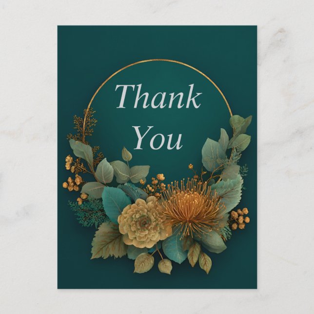 Half Floral Wreath on Dark Green Thank You Card (Front)
