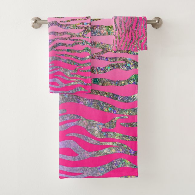 Half Glitter Pink Tiger Print Bath Towel Set (Insitu)