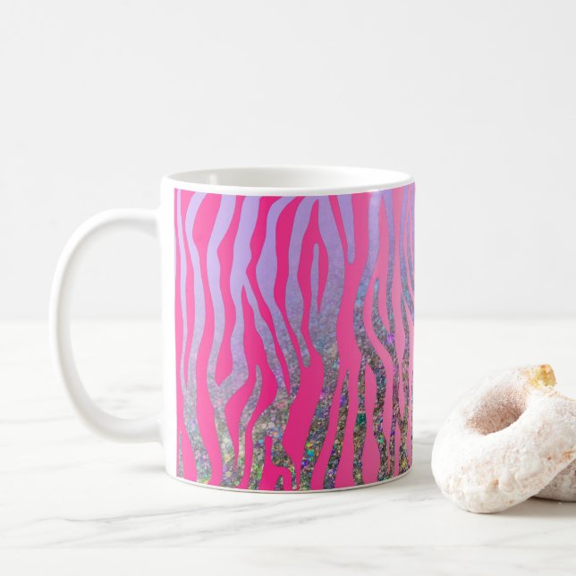 Half Glitter Pink Tiger Print Coffee Mug (With Donut)
