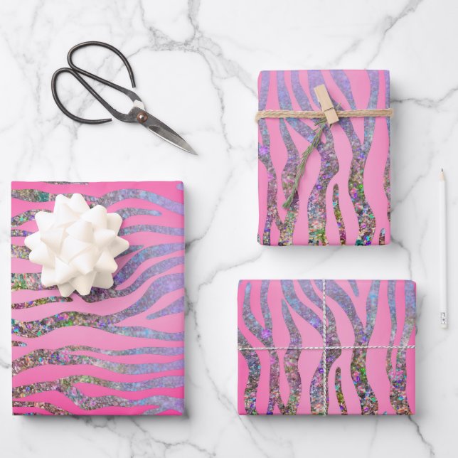 Half Glitter Pink Tiger Print Wrapping Paper Sheet (Front)