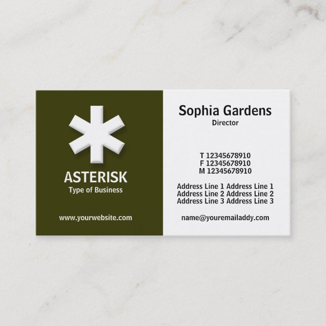 Half & Half (asterisk)- Dark Olive and White Business Card (Front)