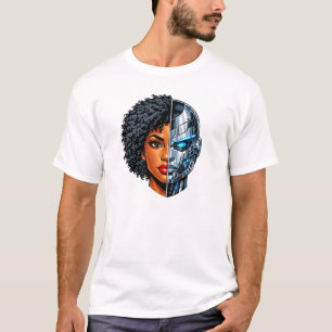 Half Human Half Cyborg Face Futuristic AI Sci-Fi T-Shirt