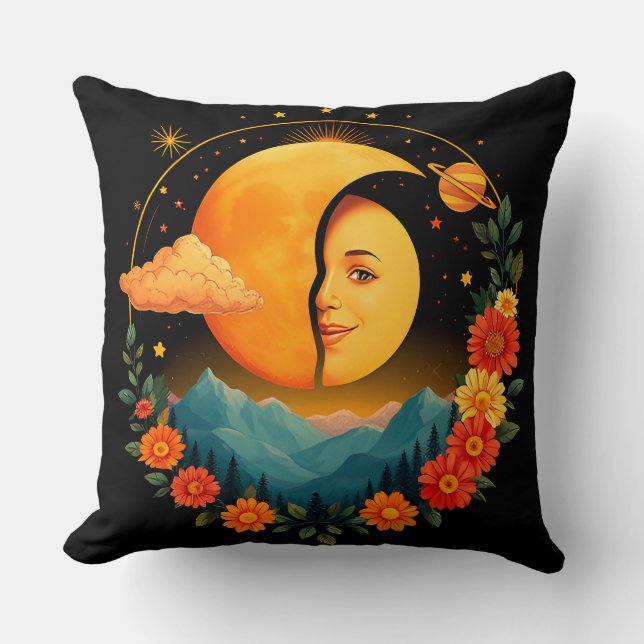 Half-Moon Artwork with Mountains, Sunflowers Cushion (Front)