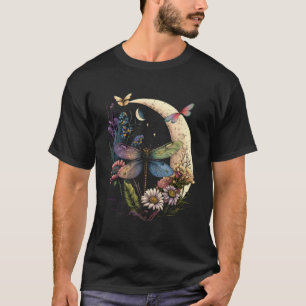 Half Moon Dragonfly Insect Hippie Colourful Flower T-Shirt