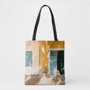 Half open green wooden main door tote bag