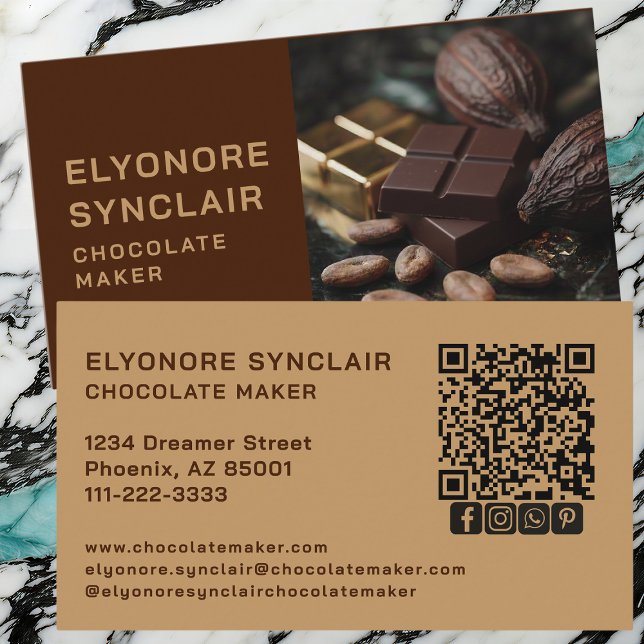 Half Photo Brown Caramel Chocolate Maker Social QR Business Card (Creator Uploaded)