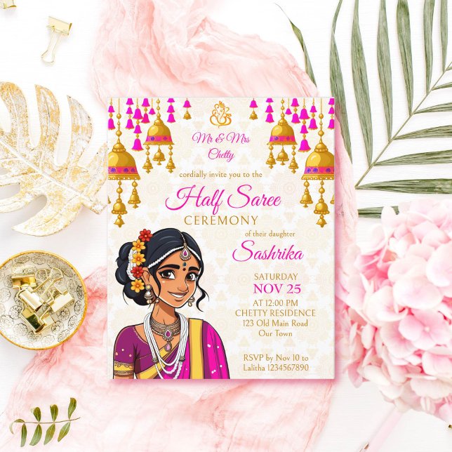Half Saree ceremony budget invite cute Indian girl (Half saree ceremony budget invitation template cute Indian girl in a pink sari cartoon gold bells )