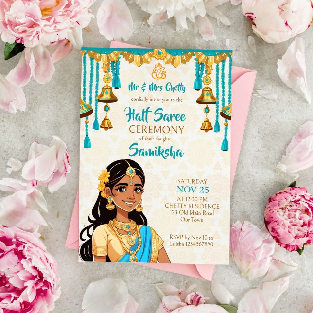 Half Saree ceremony cute Indian girl bue and gold Invitation (Half saree ceremony template invitation cute Indian girl with sari cartoon blue gold bells decor)