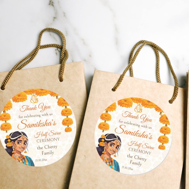 Half Saree ceremony cute Indian girl favour Classic Round Sticker (Half Saree Ceremony favor gift stickers cute Indian girl with marigolds yellow Ganesha)