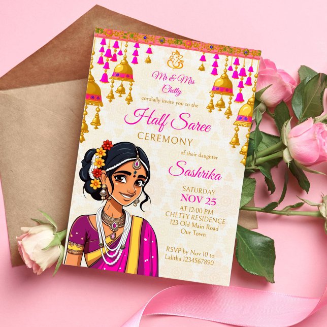 Half Saree ceremony cute Indian girl gold bells  Invitation (Half saree template invitation cute Indian girl in cerise and gold sari bells tassel garlands Ganesh)