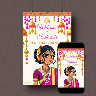 Half Saree ceremony cute Indian girl welcome sign