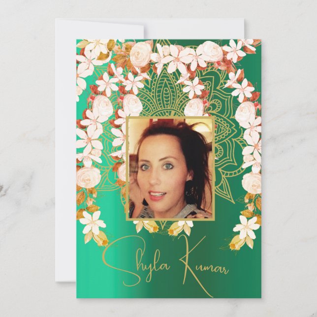 Half Saree Ceremony Hindu Floral Garland Green  Invitation (Front)