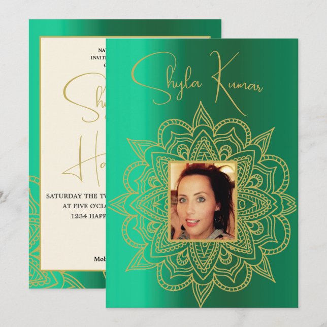 Half Saree Ceremony Hindu Indian Green Gold Invitation (Front/Back)