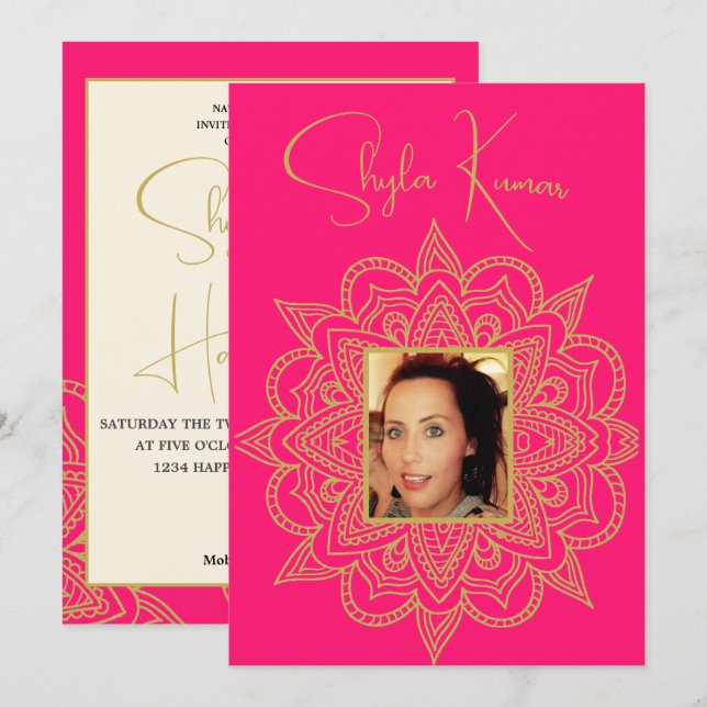 Half Saree Ceremony Indian Pink Gold  Invitation (Front/Back)