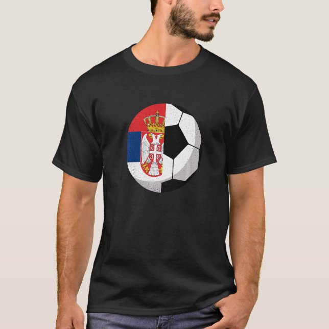 Half Serbia Flag Half Football Soccer   T-Shirt (Front)