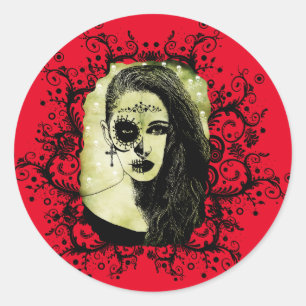 Half Skull Girl Face Day Of The Dead goth art   Classic Round Sticker