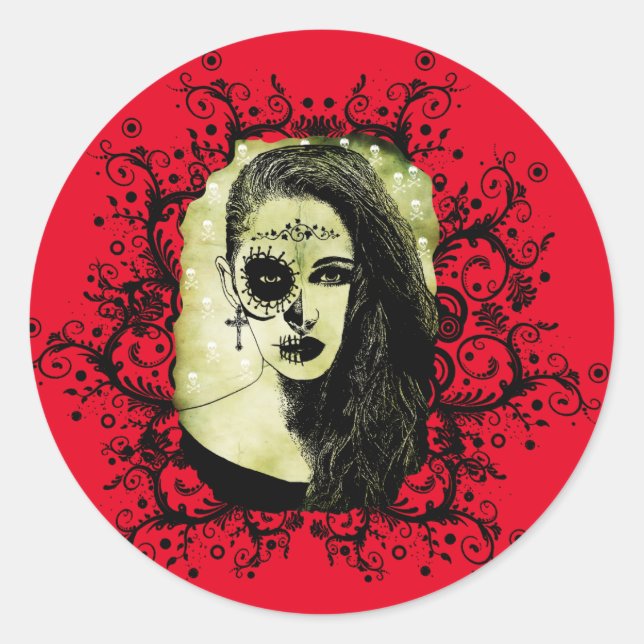 Half Skull Girl Face Day Of The Dead goth art  Classic Round Sticker (Front)