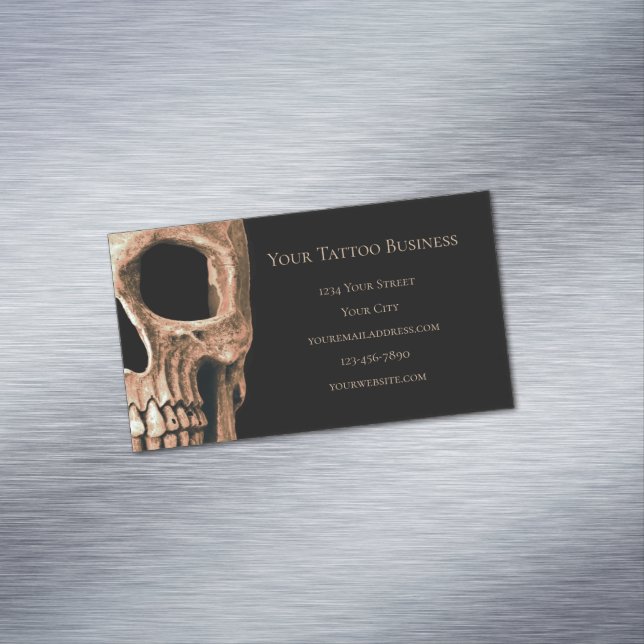 Half Skull Gothic Tan Brown Black Tattoo Shop Magnetic Business Card (In Situ)