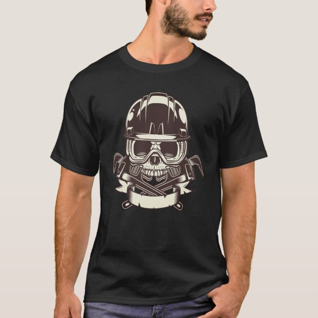 Half skull in hard hat and glasses with wrench T-Shirt (Front)
