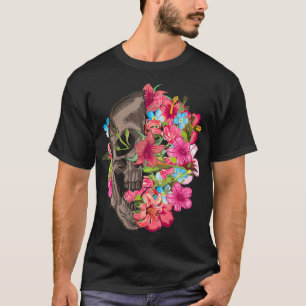 Half Skull With Flowers Cool Halloween Skull Face T-Shirt