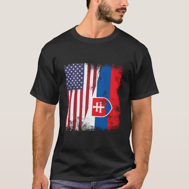 Half Slovak Slovakian Flag- Slovakia Usa T-Shirt (Front)